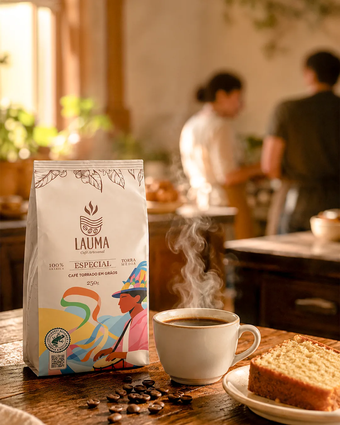 Embalagem do Lauma Especial mostrando o selo Rainforest Alliance e o QR Code